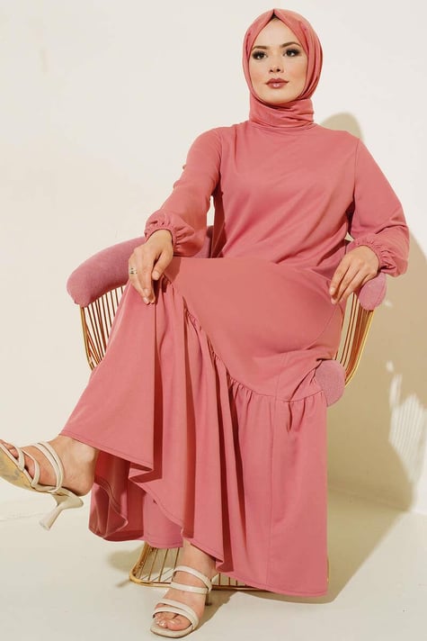 Elastic Wrists Floral Detailed Dress Muslim Wear Elastic Wrists Floral Detailed Dress Muslim Wear