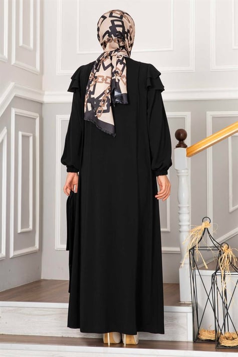 Erva Handle Frilly Hijab Abaya Black